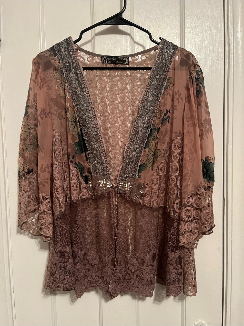 Spencer Alexis Mix Lace Silk Rayon Kimono Jacket L Pink Gray Fairy Whimsygoth